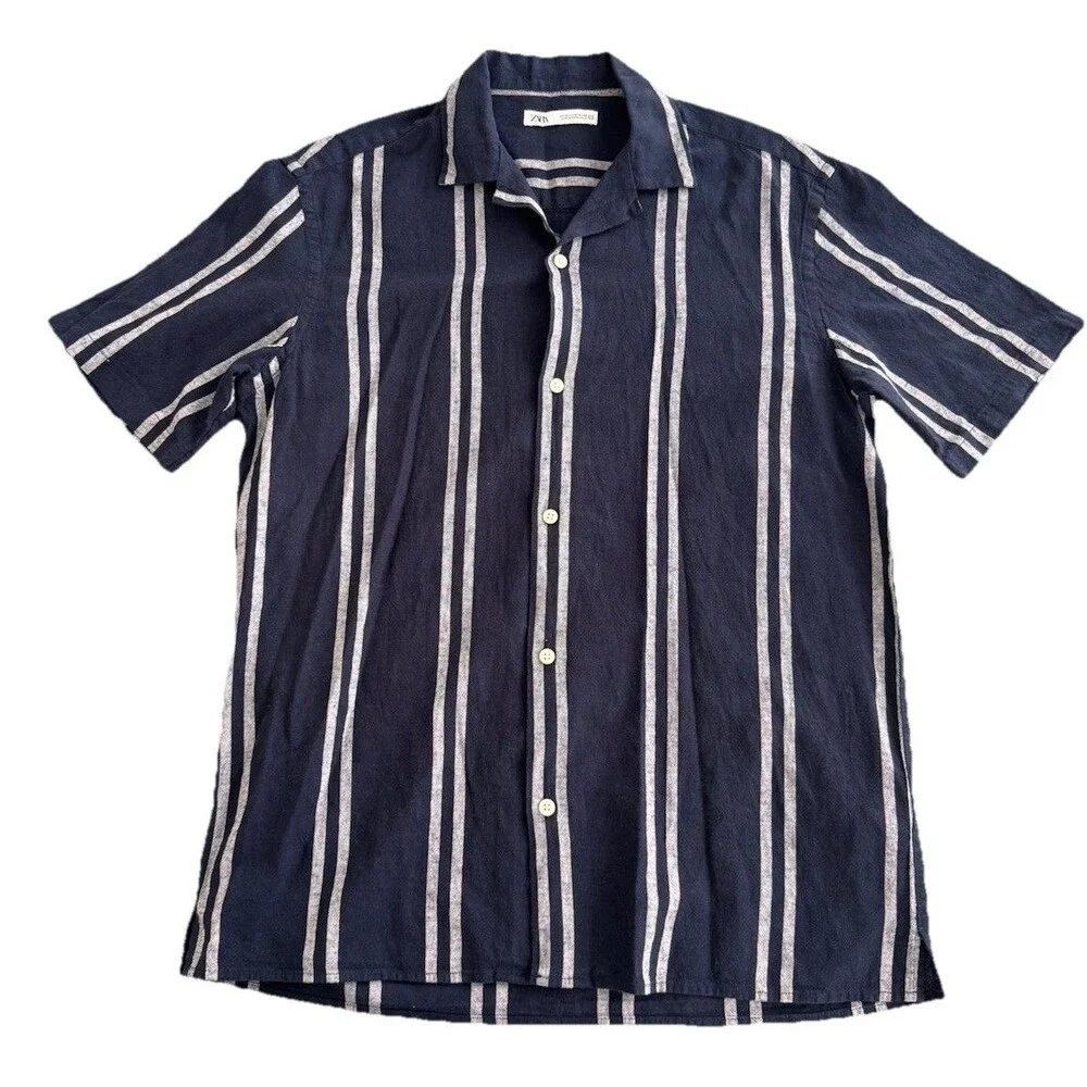 Zara Striped Linen Camp Collar Short Sleeve Shirt Men M Blue White Button Down - Picture 8 of 8